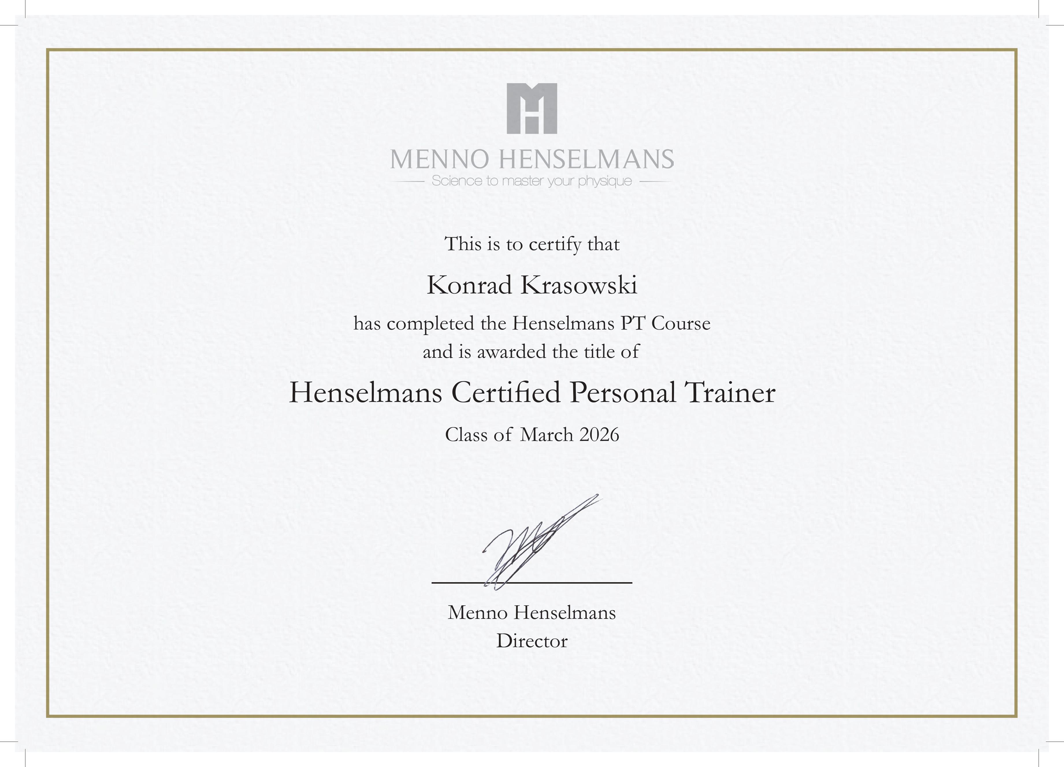 Henselmans Certified Personal Trainer – certyfikat